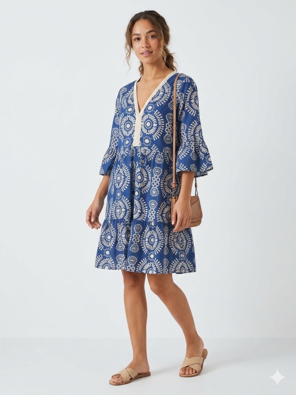 Saiph Lab Italy Blue White Medallion Cotton Tiered Bell Sleeve Dress L 53581